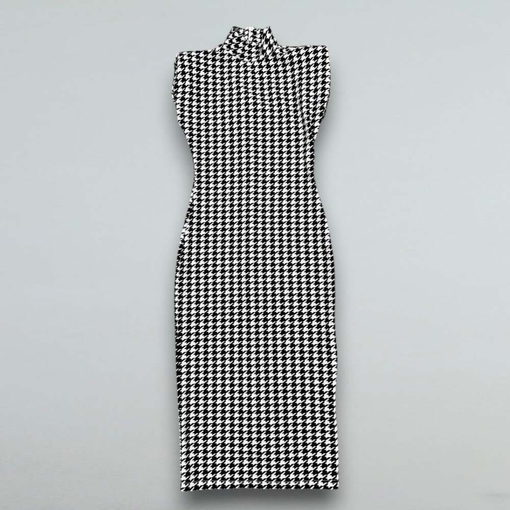 Houndstooth Mock Neck Shoulder Pad Midi Dress XS US 2